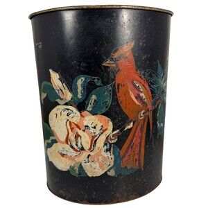 VTG Toleware Metal Hand Painted CARDINAL FLORAL Folk Art Trash Can Waste Basket